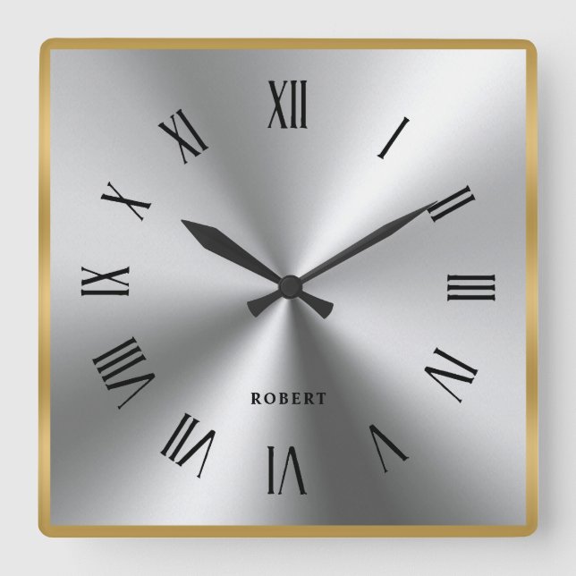 Metallic Silver Grey Gold Border Roman Numerals Square Wall Clock (Front)