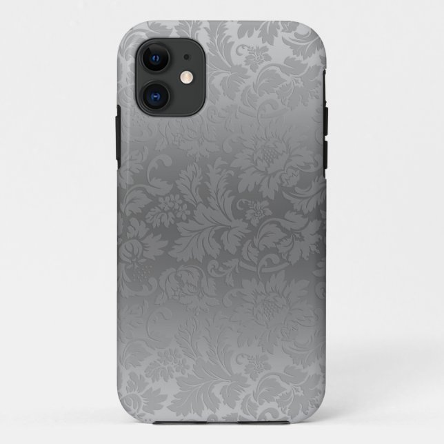 Metallic Silver Grey Monochromatic Floral Damasks Case-Mate iPhone Case (Back)