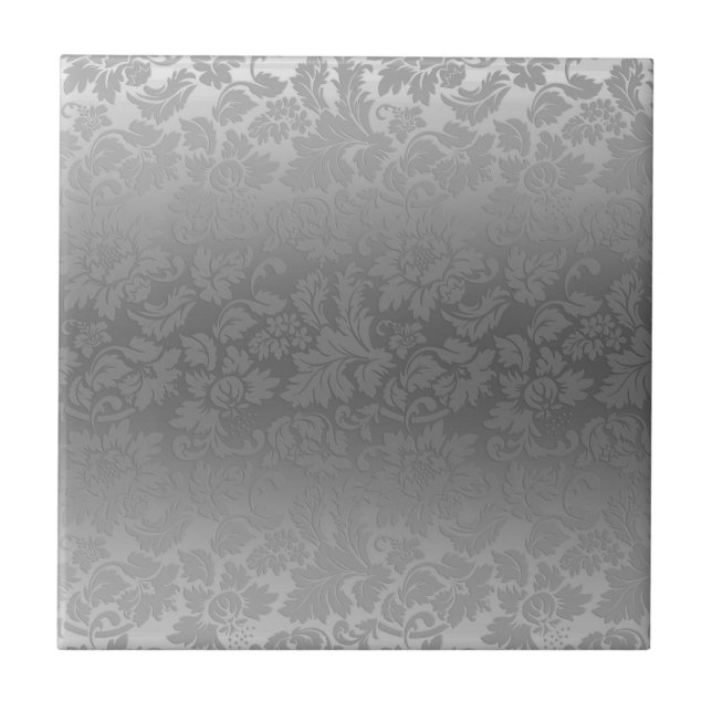 Metallic Silver Grey Monochromatic Floral Damasks Ceramic Tile (Front)