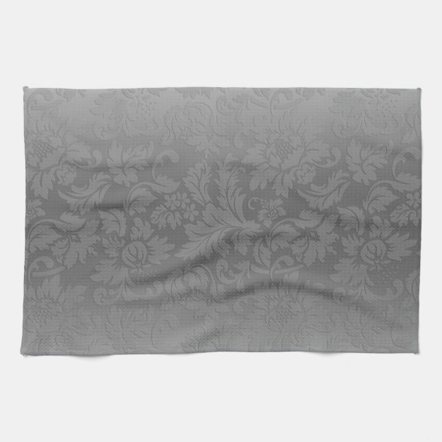 Metallic Silver Grey Monochromatic Floral Damasks Tea Towel (Horizontal)
