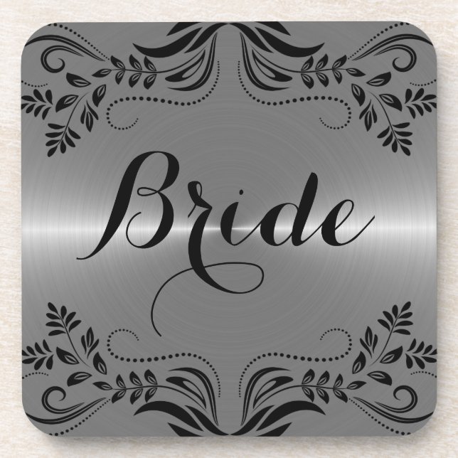Metallic Silver grey With Black Floral Frame Coaster (Front)