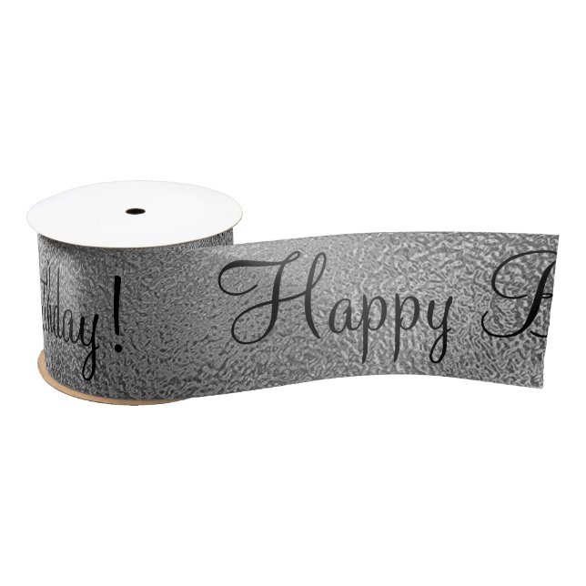 Metallic Silver Happy Birthday Script Modern Satin Ribbon (Spool)