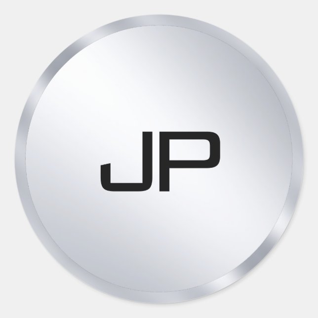 Metallic Silver Look Mono gram Elegant Template Classic Round Sticker (Front)