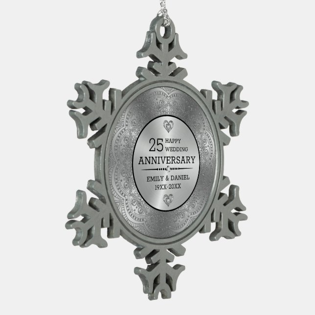 Metallic silver mandala 25th Anniversary template Snowflake Pewter Christmas Ornament (Left)