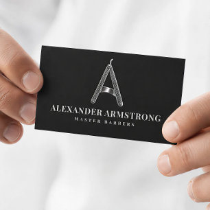 Metallic Silver Razor Monogram A Barber Shop Business Card