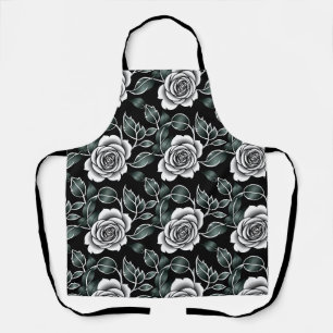 Metallic Silver Roses With Dark Green Leaves Apron
