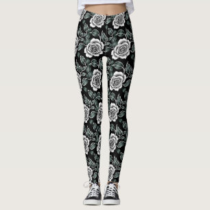 Metallic Silver Roses With Dark Green Leaves Leggings