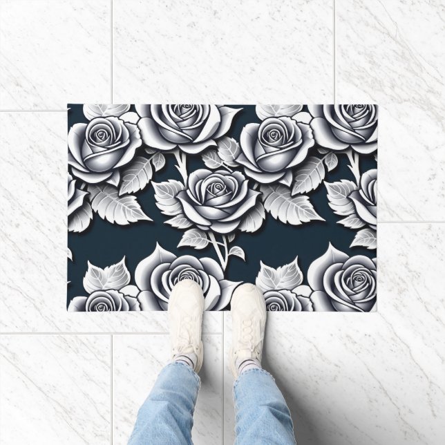 Metallic Silver Roses With Teal Leaves  Doormat (Indoor)