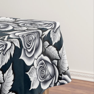 Metallic Silver Roses With Teal Leaves Tablecloth