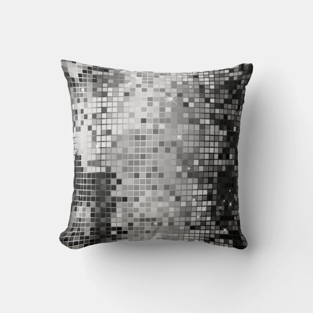 Metallic Silver Sequins Glitter Abstract Pixel Art Cushion (Front)