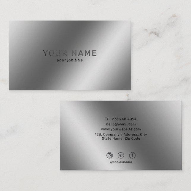 Metallic Silver Shiny Minimalist Social Media Icon Business Card (Front/Back)