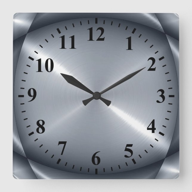 Metallic Silver Stainless Steel Metal Look Square Wall Clock (Front)