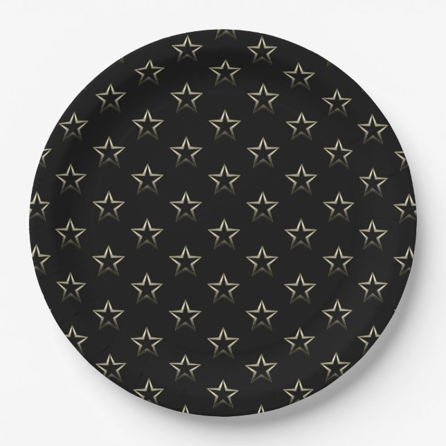Metallic Silver Stars on Black Paper Plate (Front)