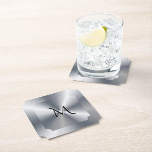 Metallic silver texture personalised monogram paper coaster