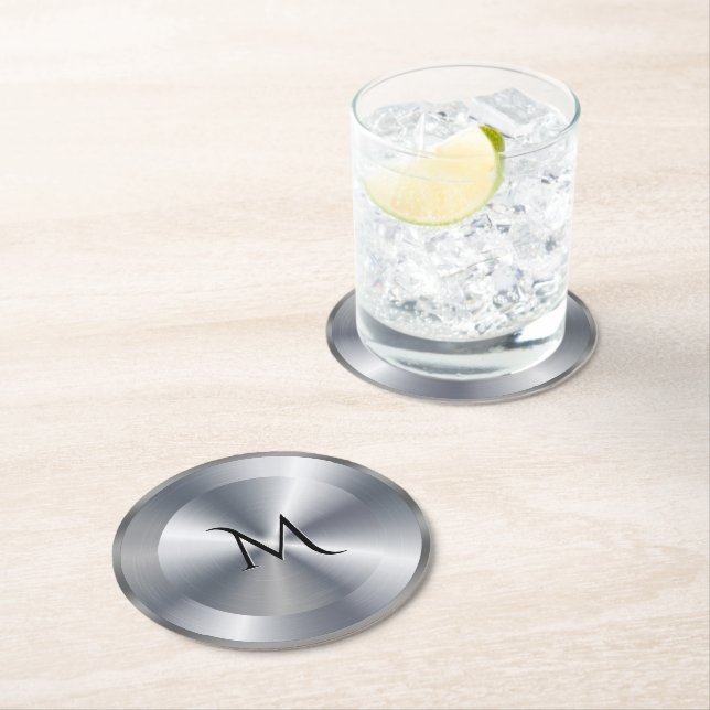 Metallic silver texture personalized monogram round paper coaster (Insitu)