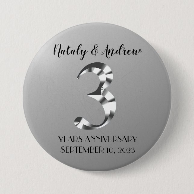 Metallic Silver Third Wedding Anniversary 7.5 Cm Round Badge (Front)