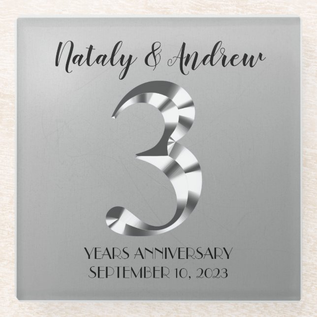 Metallic Silver Third Wedding Anniversary Glass Coaster (Front)