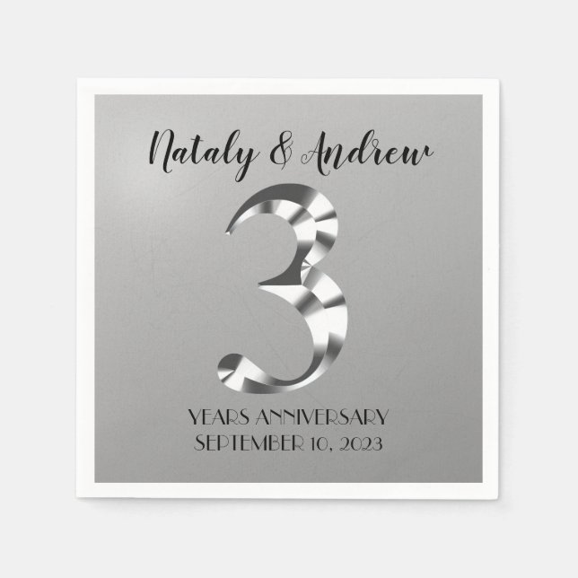 Metallic Silver Third Wedding Anniversary Napkin (Front)