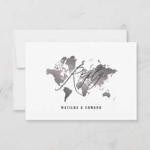 Metallic silver world map wedding R.S.V.P RSVP Card