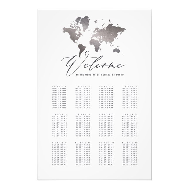 Metallic silver world map wedding seating plan photo print (Front)