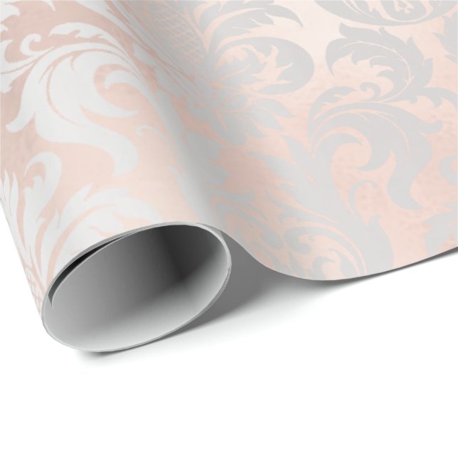 Metallic Skinny Rose Gold Blush Grey Silver Damask Wrapping Paper (Roll Corner)
