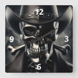 Metallic Skull Cowboy Wall Clock