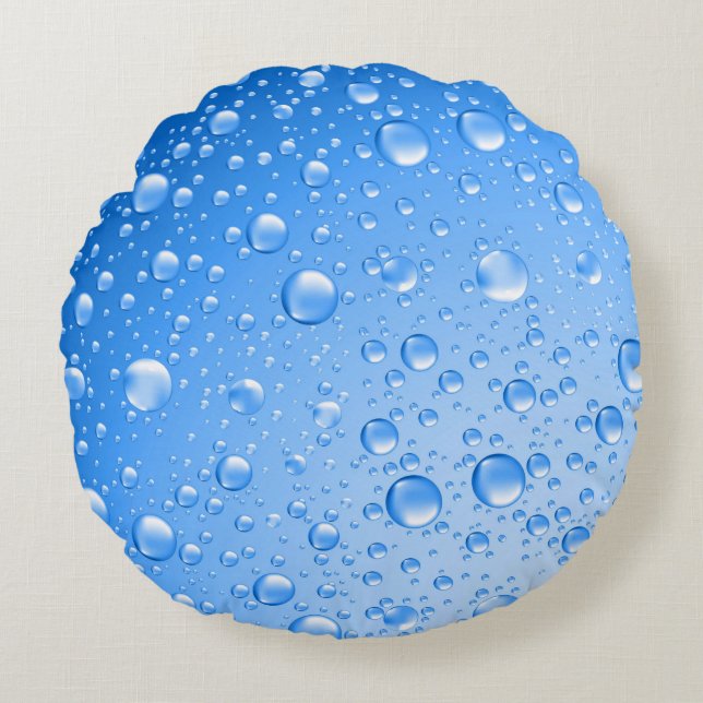 Metallic Sky Blue Rain Drops Round Cushion (Front)