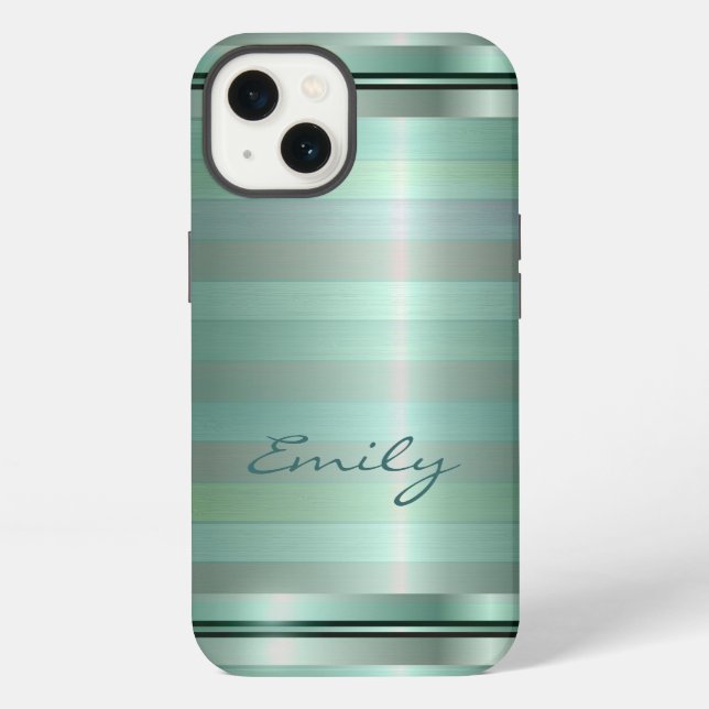 Metallic Soft Green Stripes Pattern Monogram iPhone Case (Back)