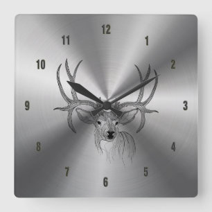Metallic Stainless Steel & Black Deer Illustration Square Wall Clock