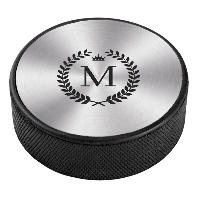 Metallic Stainless Steel Black Laurel Wreath Hockey Puck (3/4)