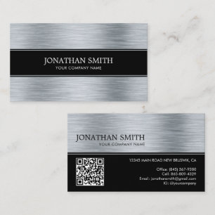 Metallic Stainless Steel Modern Black QR Code Business Card