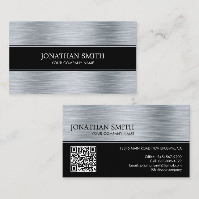 Metallic Stainless Steel Modern Black QR Code Business Card (Front/Back)