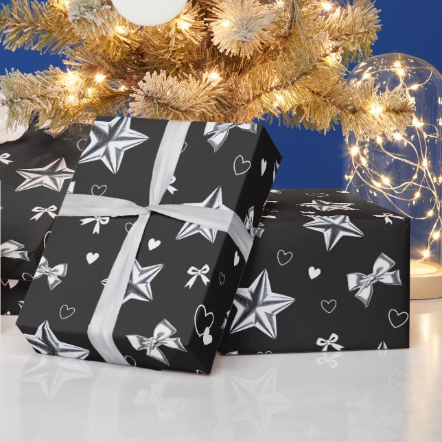 Metallic Star Ribbon Heart Black Y2K Pattern Wrapping Paper (Holidays)