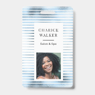 metallic stripes blue foil salon photo name ID badge