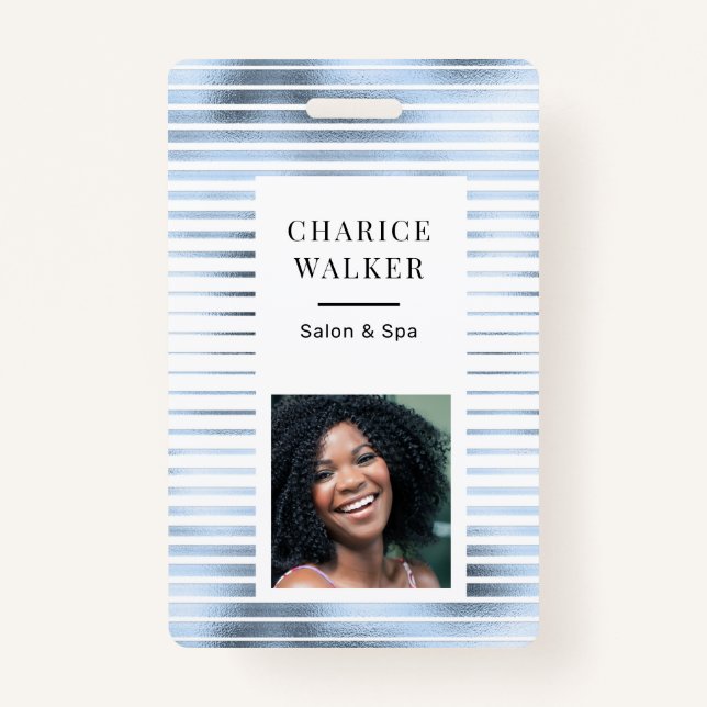 metallic stripes blue foil salon photo name ID badge (Front)