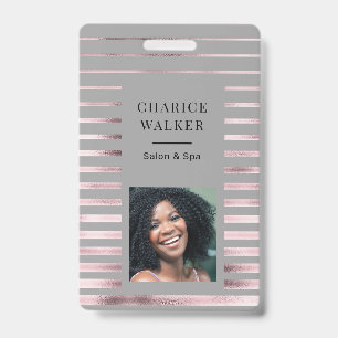 metallic stripes rose gold foil salon photo name ID badge
