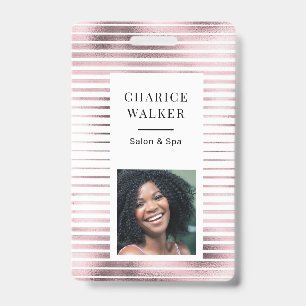 metallic stripes rose gold foil salon photo name ID badge