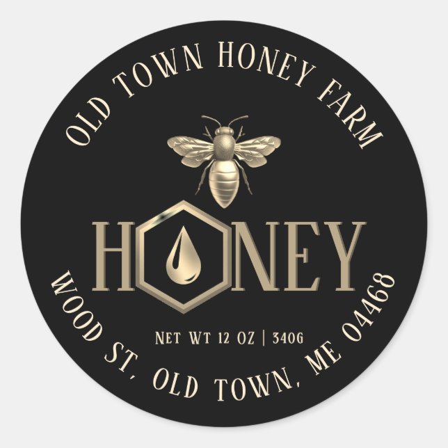 Metallic-style Queen Bee Gold Drip Honey Label (Front)