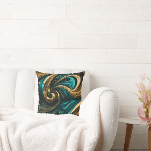 Metallic Teal and Gold Swirls Cushion