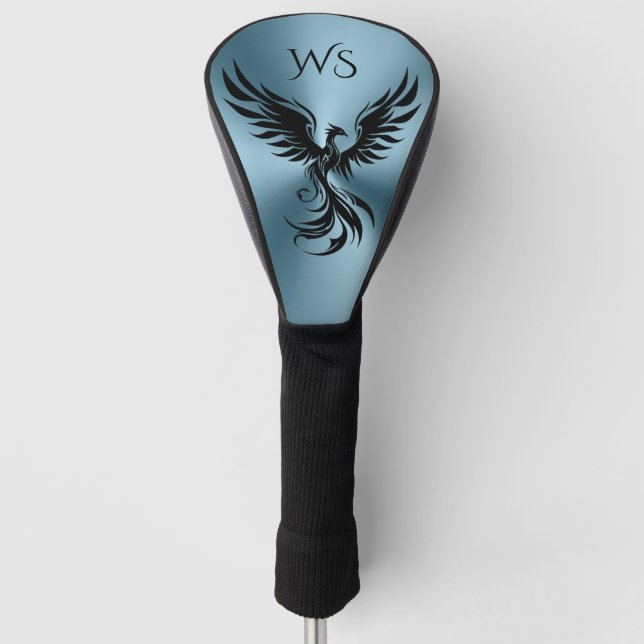 Metallic Teal Blue Black Phoenix Monogram Initials Golf Head Cover (Front)