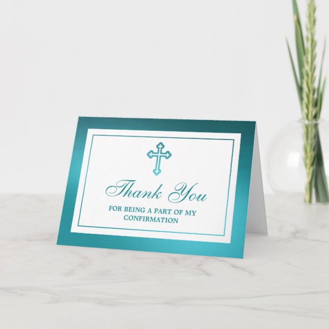 Metallic Teal Cross Holy Communion/ Confirmation Thank You Card (Front)