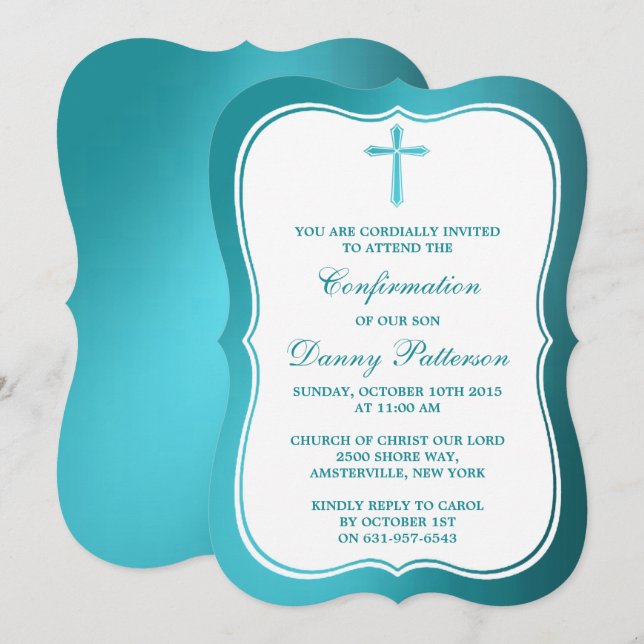 Metallic Teal Cross Holy Communion Or Confirmation Invitation (Front/Back)