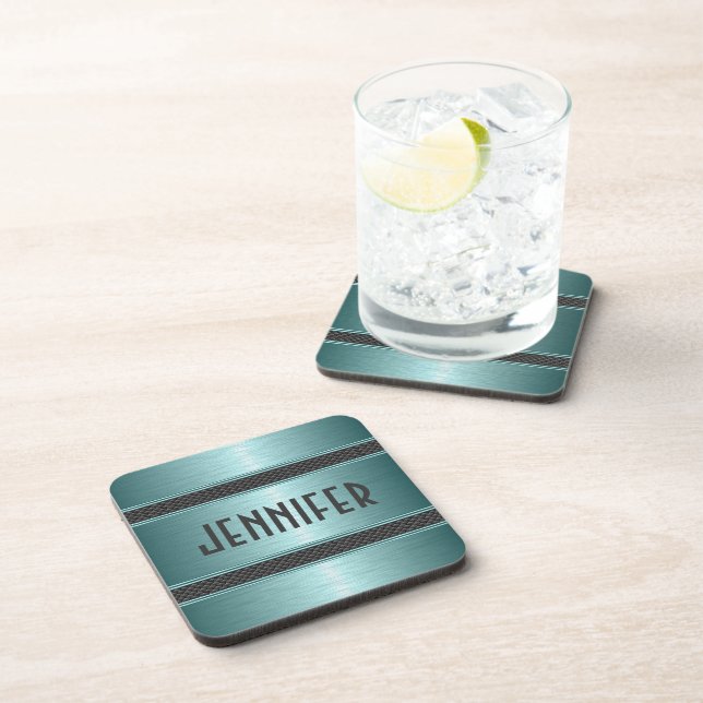 Metallic Teal Green Design Brushed Aluminium Look Coaster (Right Side)
