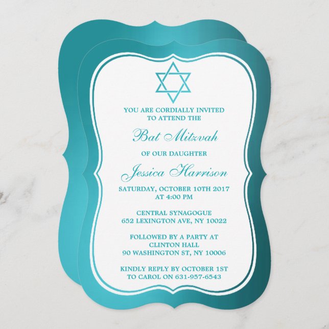 Metallic Teal Jewish Star Of David Bat Mitzvah Invitation (Front/Back)