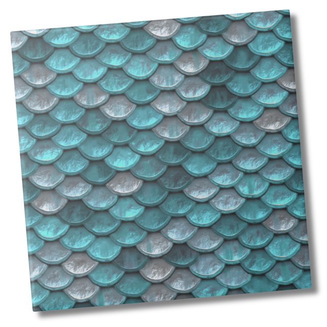 Metallic Teal Pattern Ceramic Tile (Metallic Silver Light Teal Mermaid Scales Pattern Ceramic Tile)