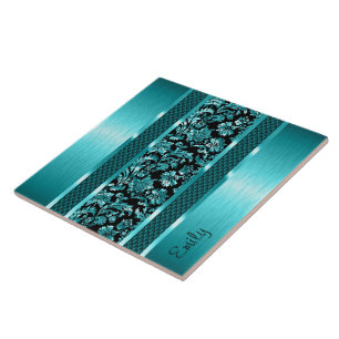 Metallic Turquoise  And Black Damasks And Metal Ceramic Tile
