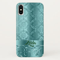 Metallic Turquoise-Blue Floral Damasks Monogram