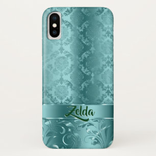 Metallic Turquoise-Blue Floral Damasks Monogram iPhone X Case