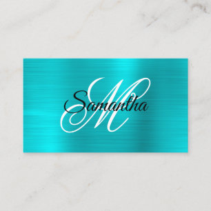 Metallic Turquoise Blue Foil Fancy Monogram Business Card