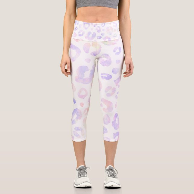 Metallic White Modern Leopard Pattern Capri Leggings (Front)